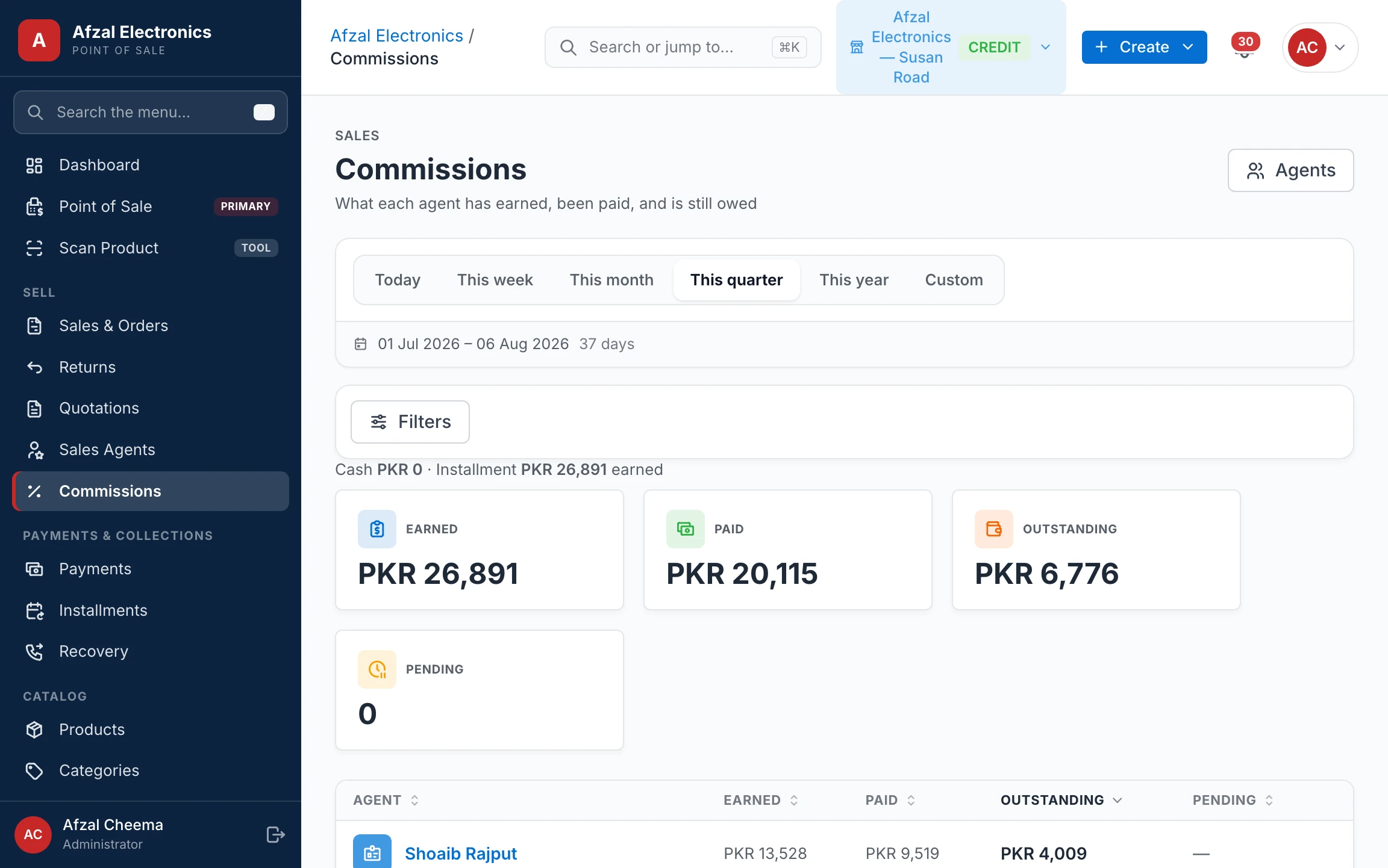 Commission ledger — earned, paid out and owed per salesman