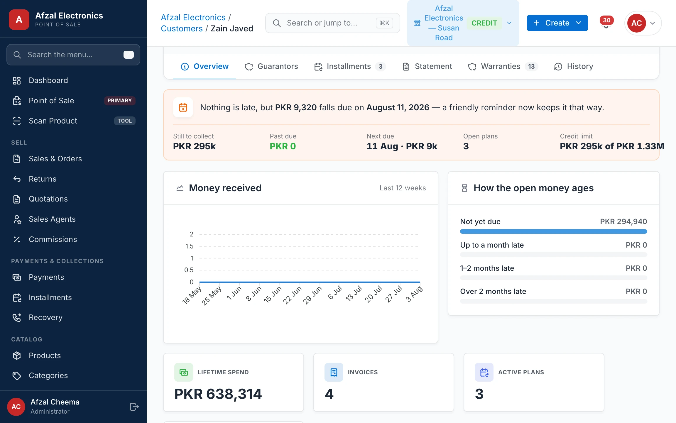 A customer's ledger — bought, paid, remaining and overdue