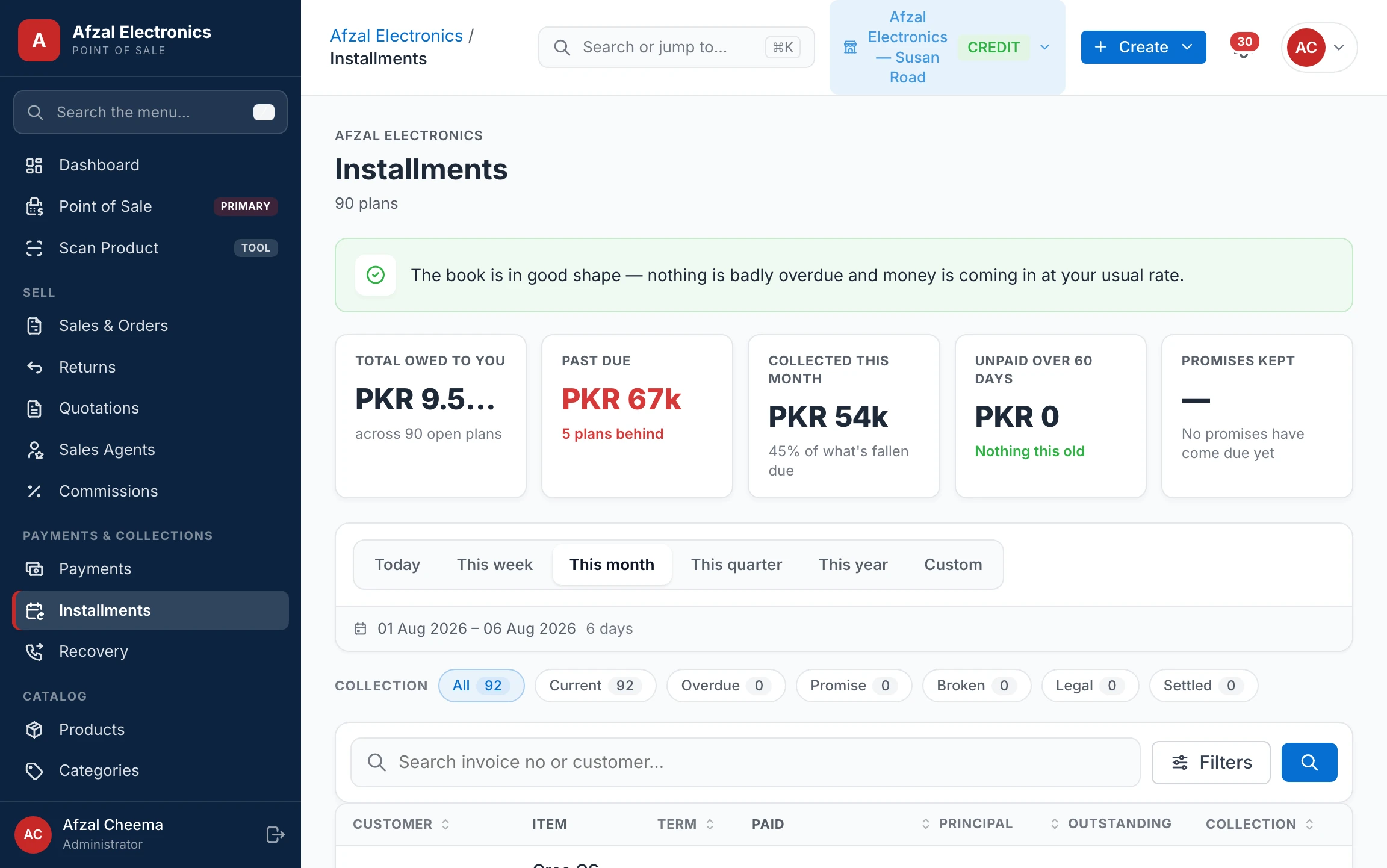 Installments register with the portfolio insights strip