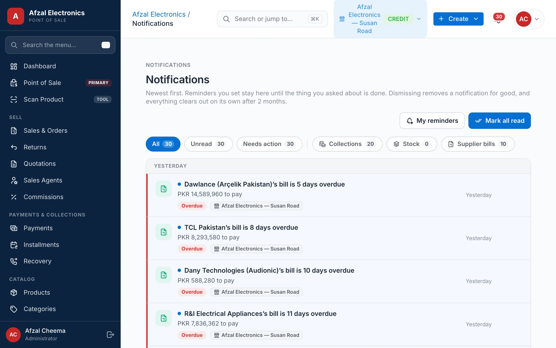 The notifications inbox with day-grouped activity