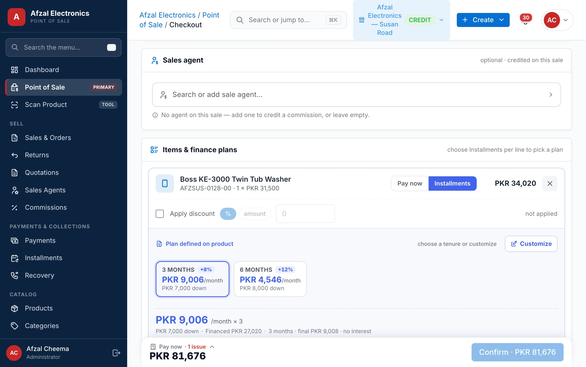 POS checkout with an installment plan — down payment and tenure