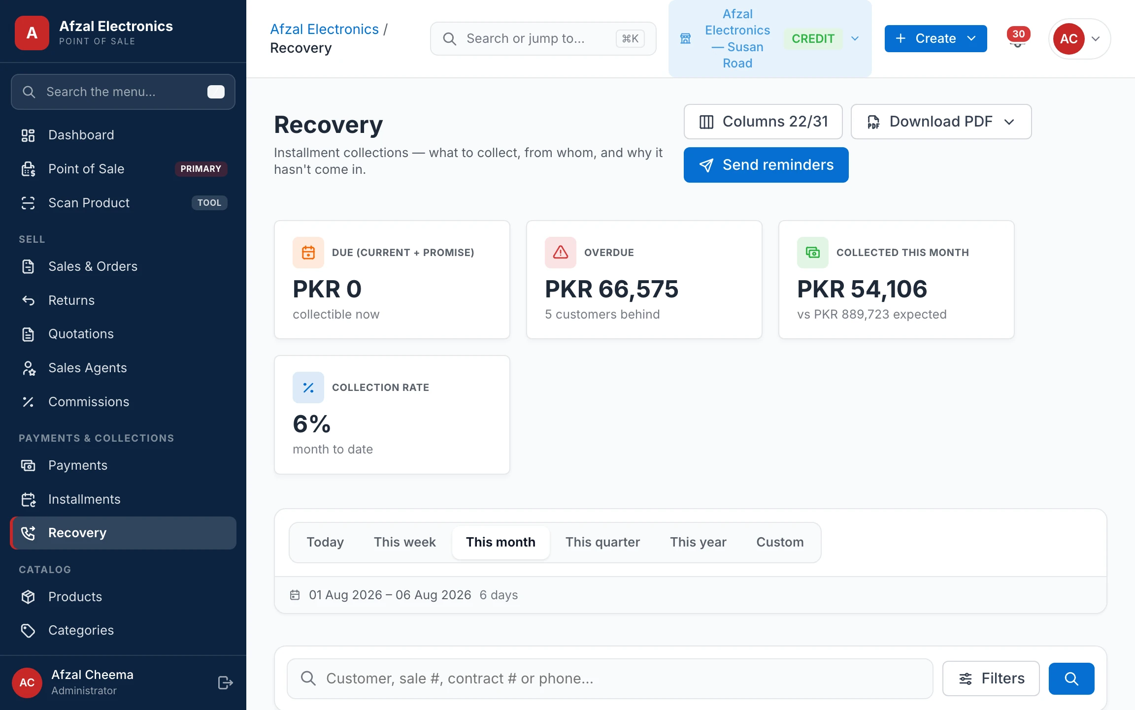 Recovery screen — who is overdue, who paid, and the day's run sheet
