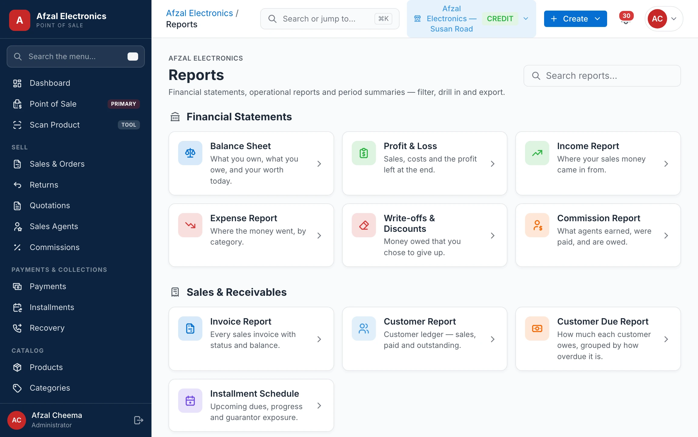 The reports hub — every report grouped by what it answers