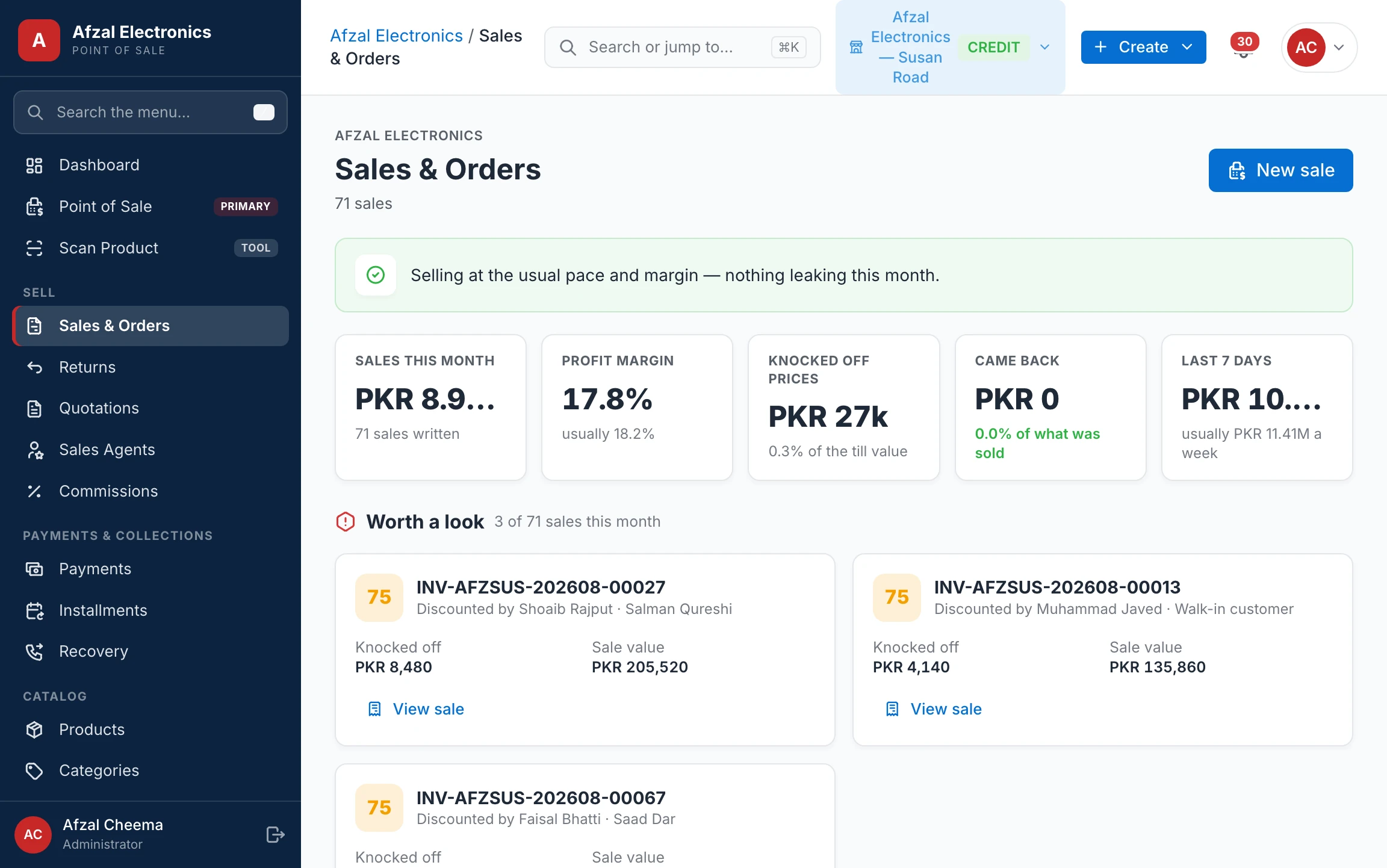 Sales register with the insights strip