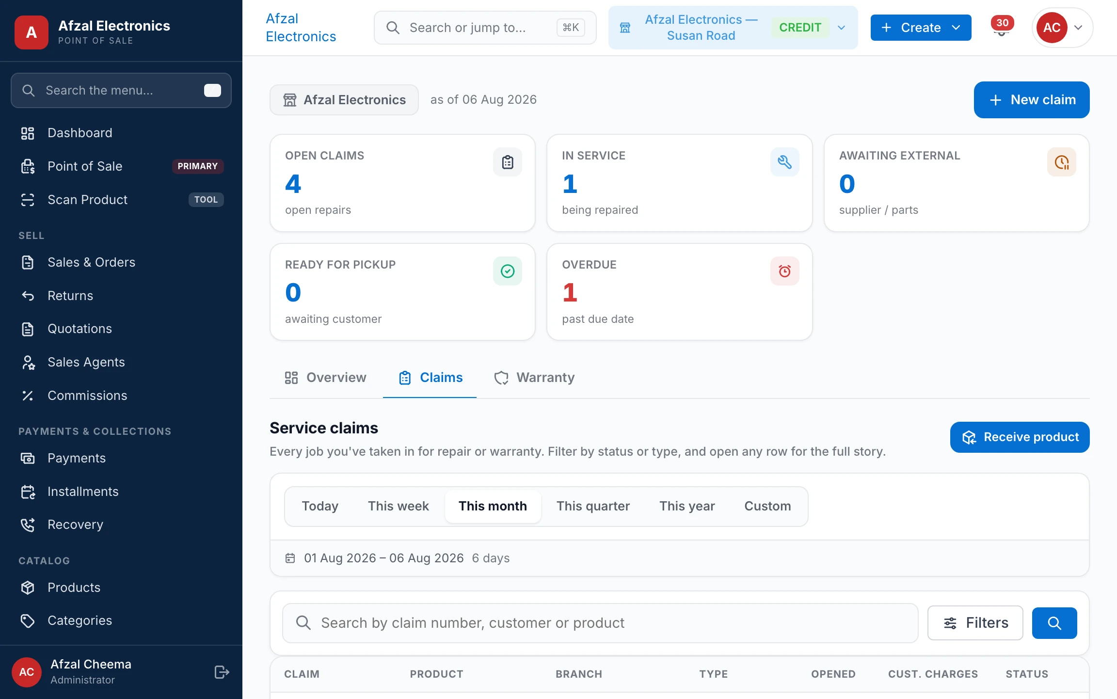 Service claims register — sets in for repair and their status