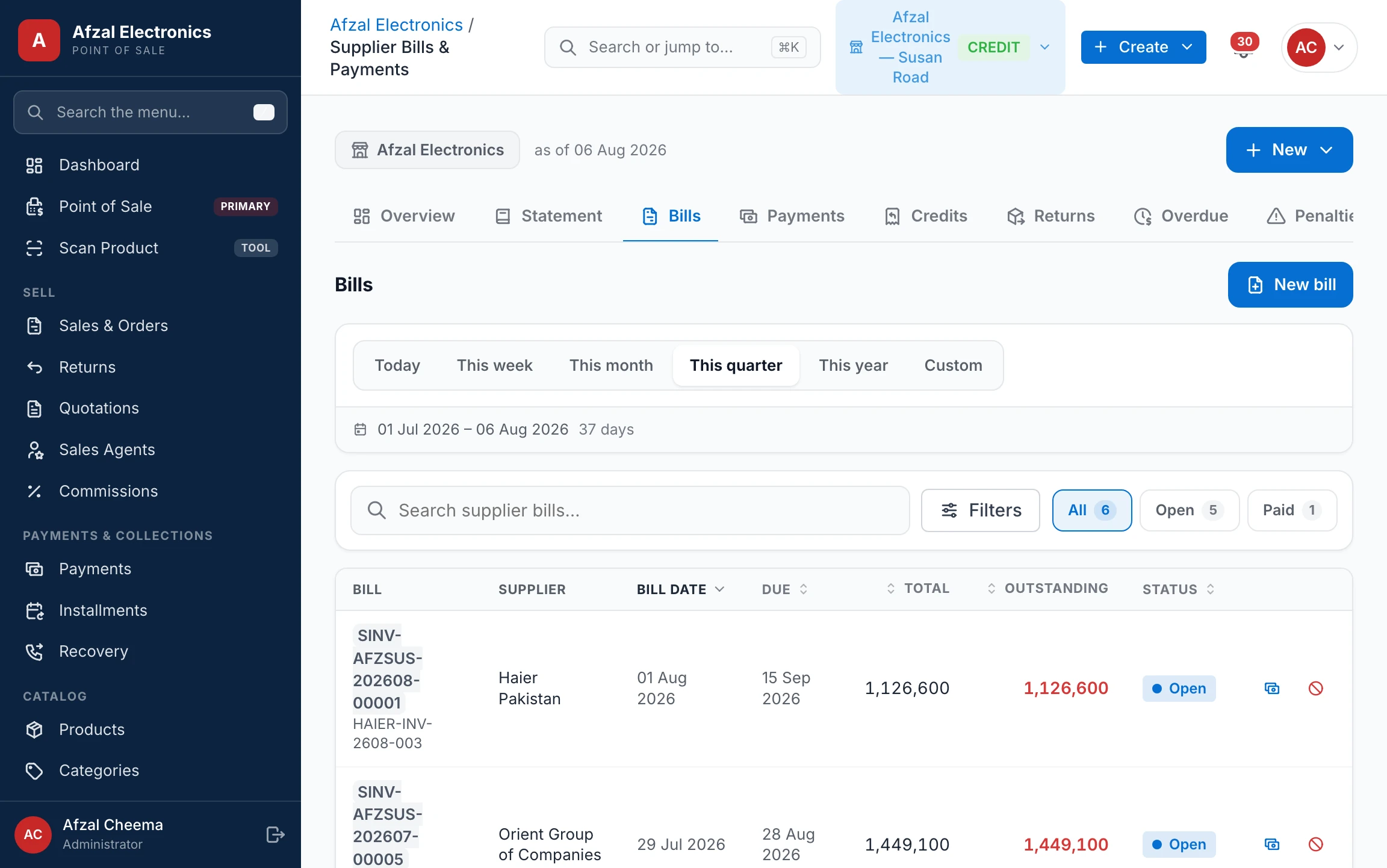 Supplier bills register — paid, part-paid and due